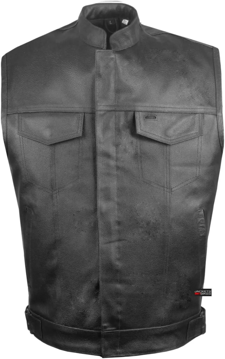 SOA Men's Leather Motorcycle Concealed Gun Pockets Biker Club Vest w/Armor