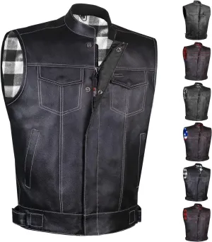 SOA Men's Leather Motorcycle Concealed Gun Pockets Biker Club Vest w/Armor