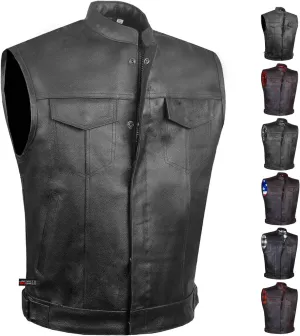 SOA Men's Leather Motorcycle Concealed Gun Pockets Biker Club Vest w/Armor
