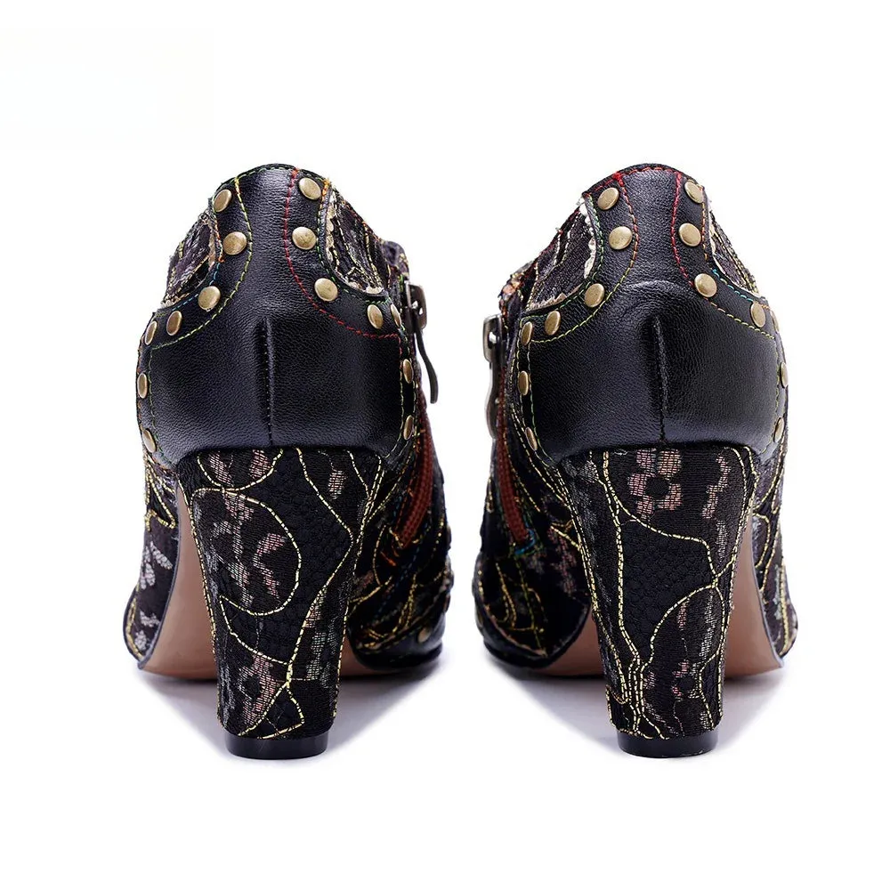 Socofy genuine leather Women's Leather Rivet Retro Fashion High Heeled Shoes