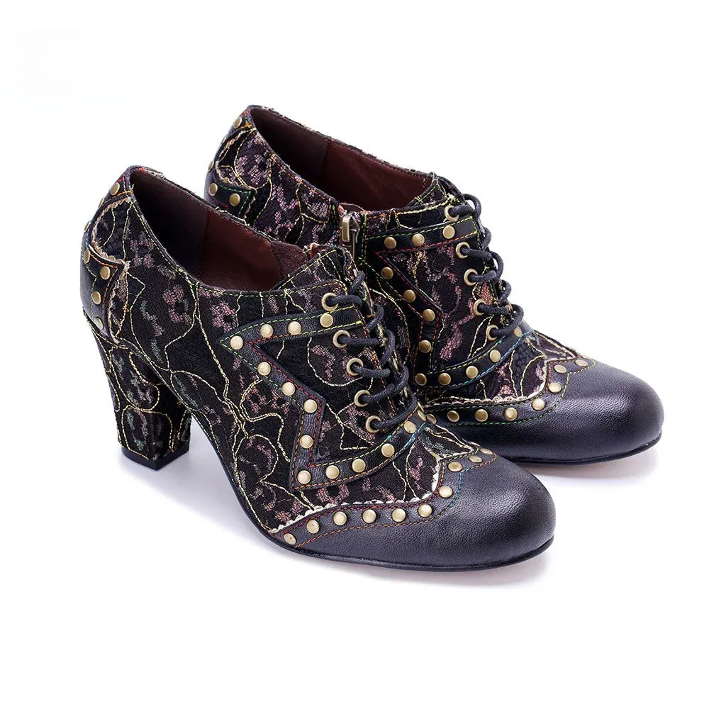 Socofy genuine leather Women's Leather Rivet Retro Fashion High Heeled Shoes