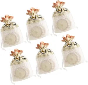 SOESFOUFU Elegant Drawstring Handbag Present 6pcs Beige Floral Jewelry Bag Gauze Storage Pouches