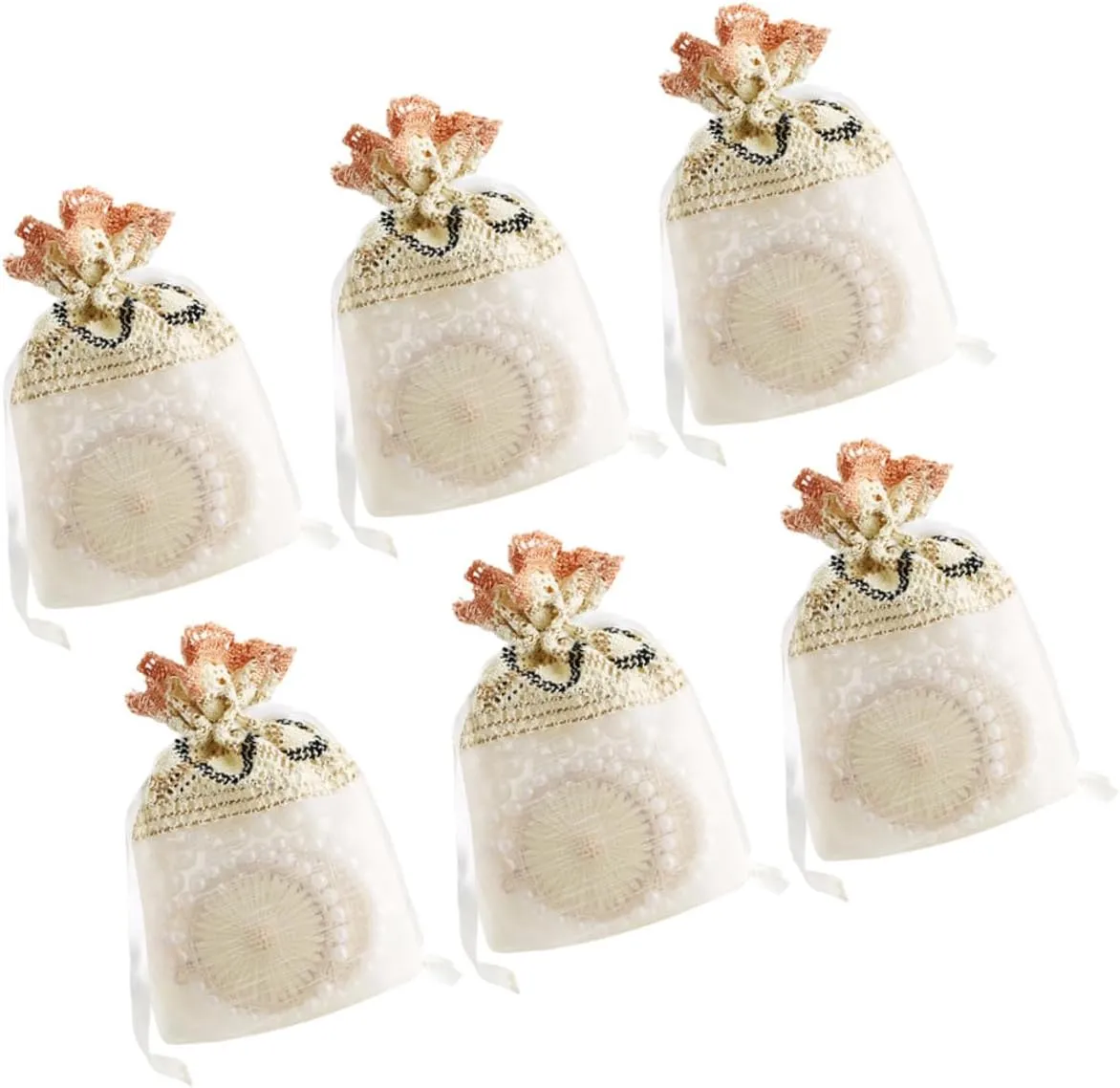 SOESFOUFU Elegant Drawstring Handbag Present 6pcs Beige Floral Jewelry Bag Gauze Storage Pouches