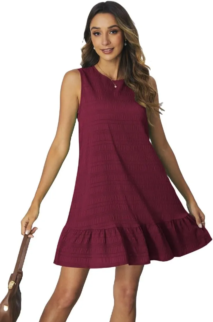 SOLY HUX Women's Ruffle Hem Sleeveless Tank Dress Round Neck Casual Smock Summer Mini Dresses