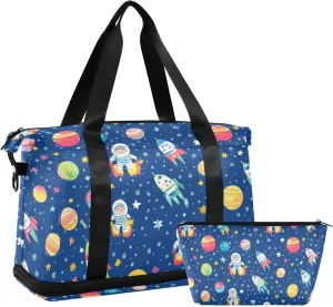 Space Astronauts Rainbow Ships Pattern Travel Duffel Bags Sport Training Bag with Adjustable Strap for Trekking Multifunctional