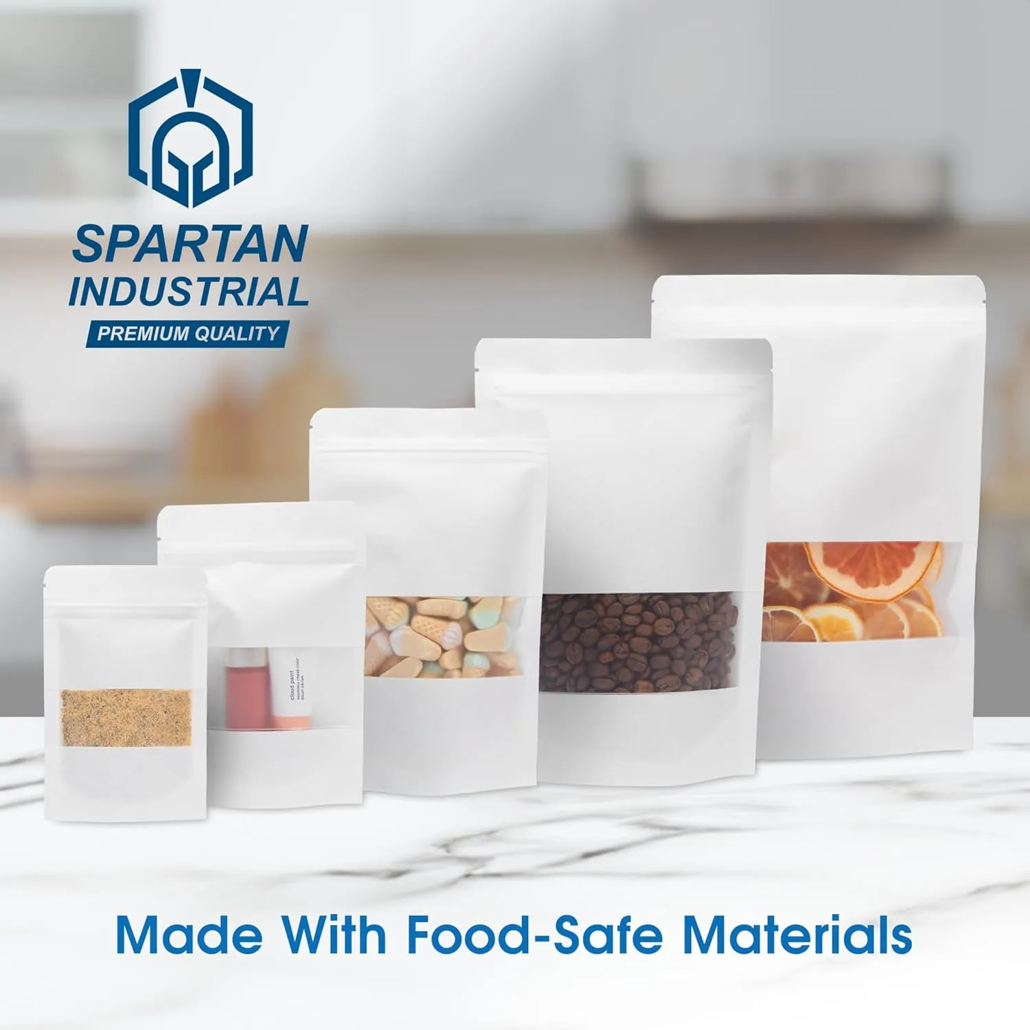 Spartan Industrial - 5" X 8" White Zip Top Food Bags - Pack of 100 Resealable Smell-Proof Pouches for Packaging Coffee, Tea, Spices, Snacks, and More