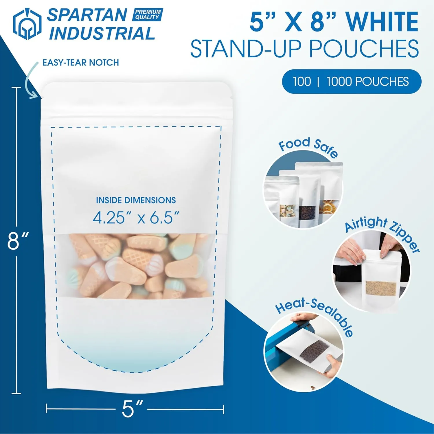 Spartan Industrial - 5" X 8" White Zip Top Food Bags - Pack of 100 Resealable Smell-Proof Pouches for Packaging Coffee, Tea, Spices, Snacks, and More