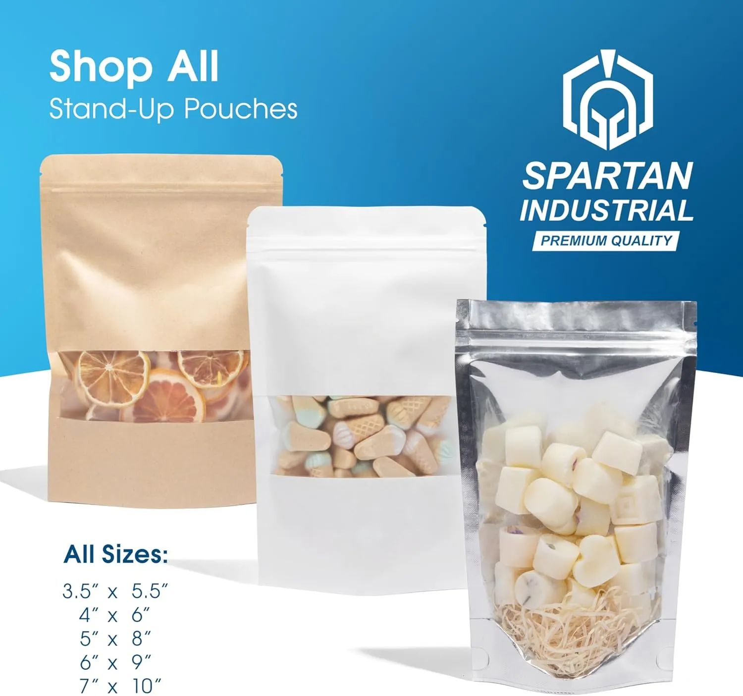 Spartan Industrial - 5" X 8" White Zip Top Food Bags - Pack of 100 Resealable Smell-Proof Pouches for Packaging Coffee, Tea, Spices, Snacks, and More