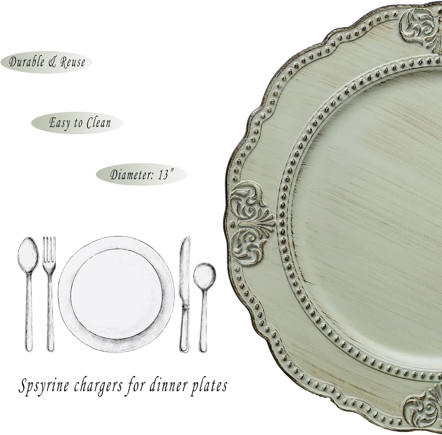 Spsyrine Antique Light Green Charger Plates Set of 6, 13" Plate Chargers for Dinner Plates, Wedding, Banquets, Party