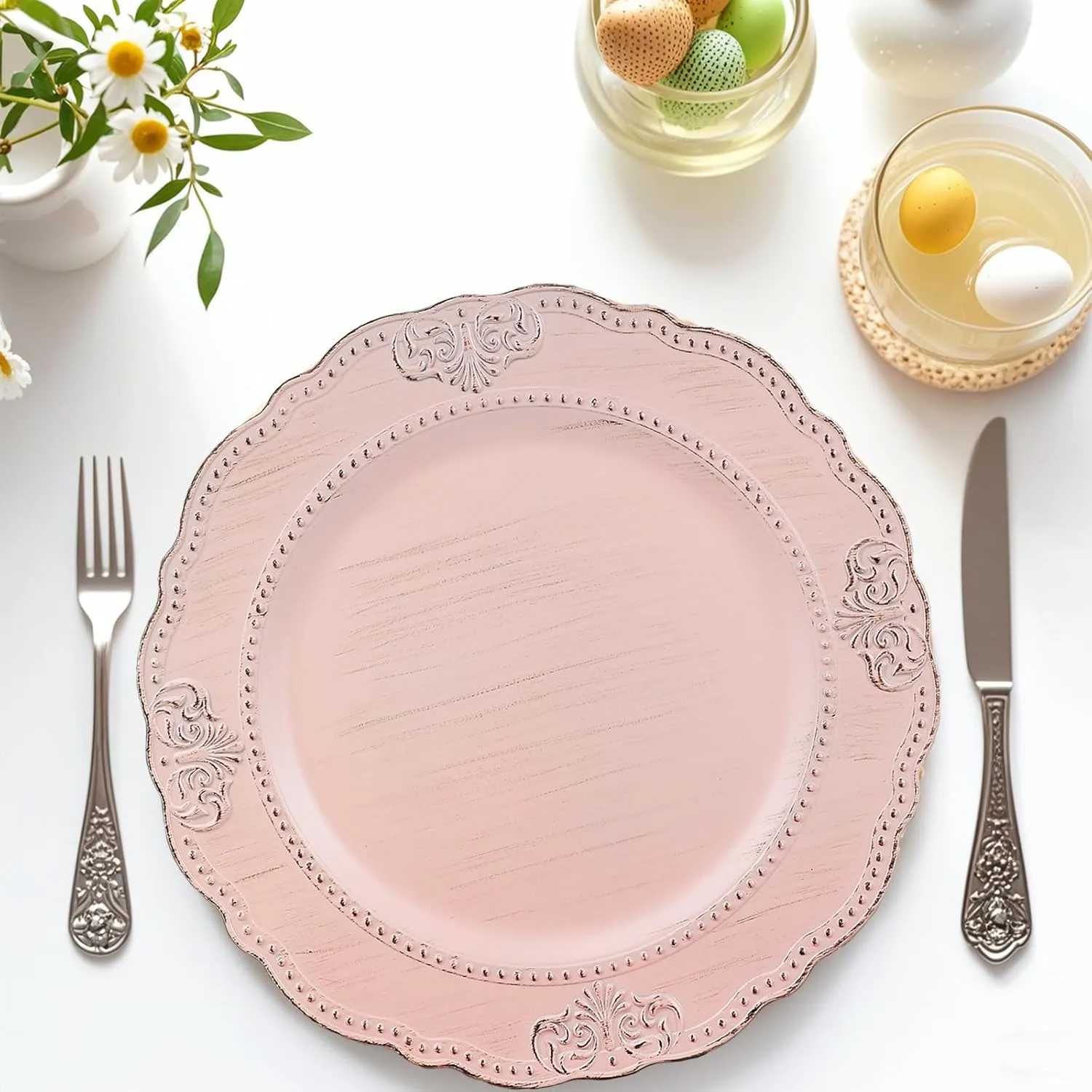 Spsyrine Antique Pink Charger Plates Set of 6, 13" Embossed Chargers for Dinner Plates, Wedding, Party
