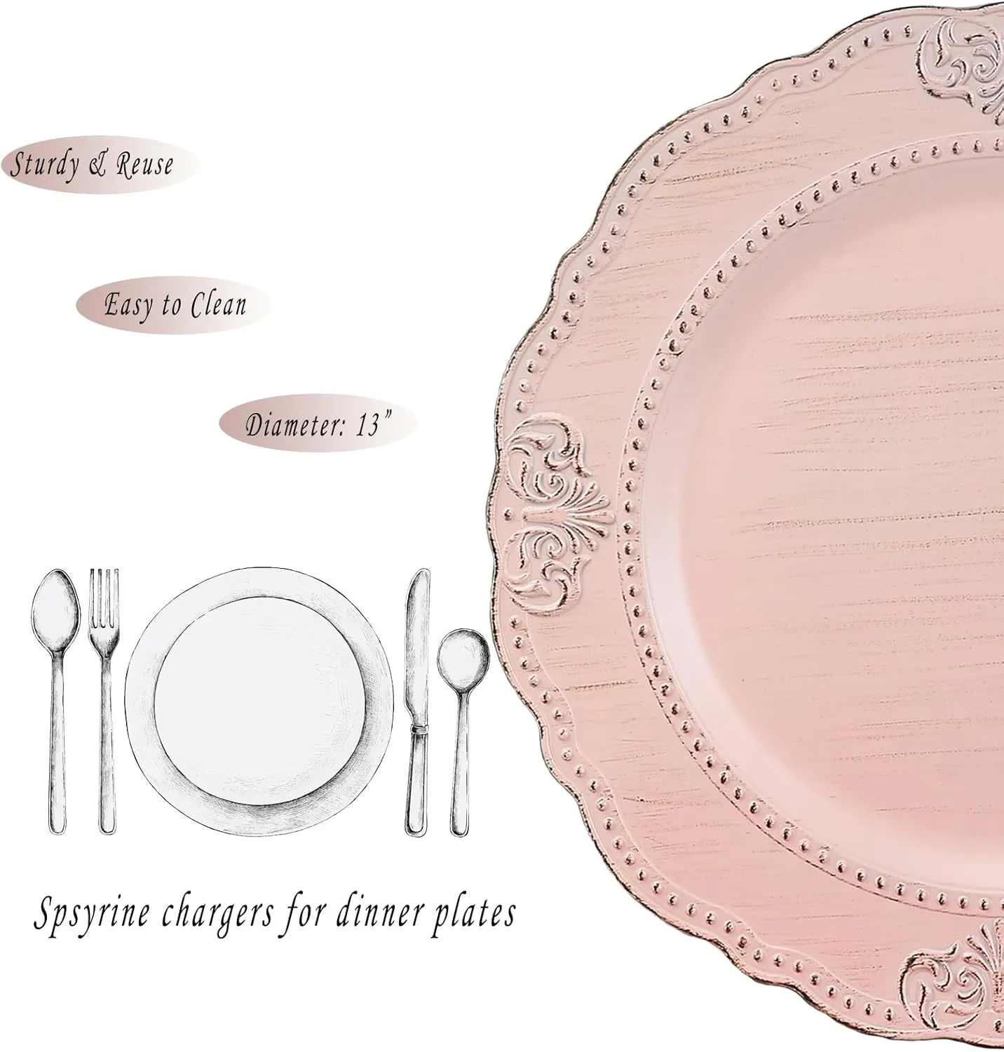Spsyrine Antique Pink Charger Plates Set of 6, 13" Embossed Chargers for Dinner Plates, Wedding, Party