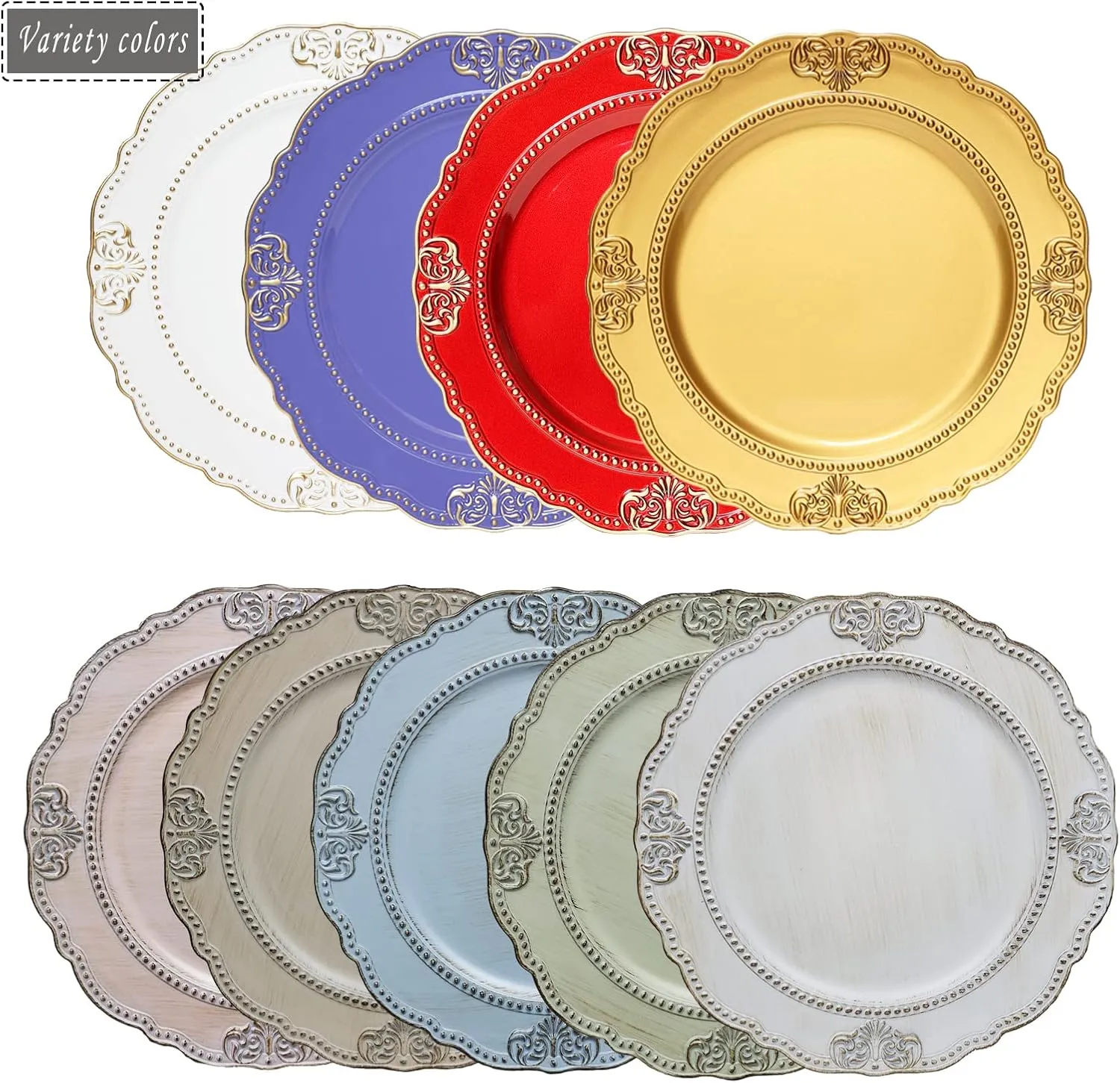Spsyrine Gold Charger Plates, Set of 6 Scalloped Chargers for Dinner Plates, 13" Embossed Plastic Chargers for Wedding, Banquets, Party
