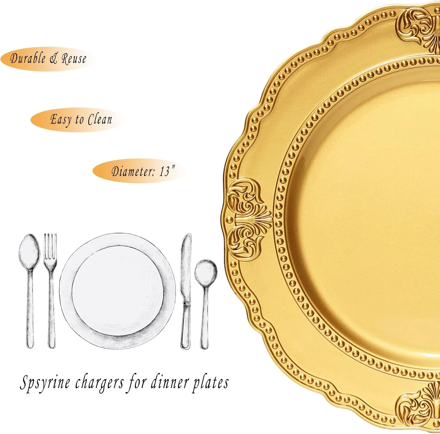 Spsyrine Gold Charger Plates, Set of 6 Scalloped Chargers for Dinner Plates, 13" Embossed Plastic Chargers for Wedding, Banquets, Party
