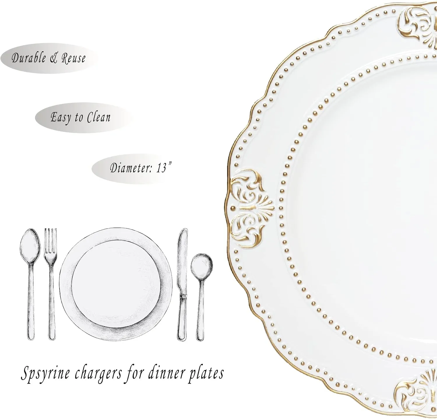 Spsyrine White Charger Plates with Gold Rim Set of 6, 13" Plate Chargers for Dinner Plates, Wedding, Party