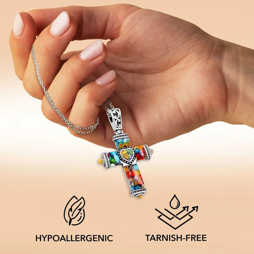 Stainless Steel Glass Murano Style Multi Color Beaded Cross Choker Pendant Necklace Delicate size 20" Catholic Faith Christian Religious Birthday Jewelry Birthday Gifts for Women