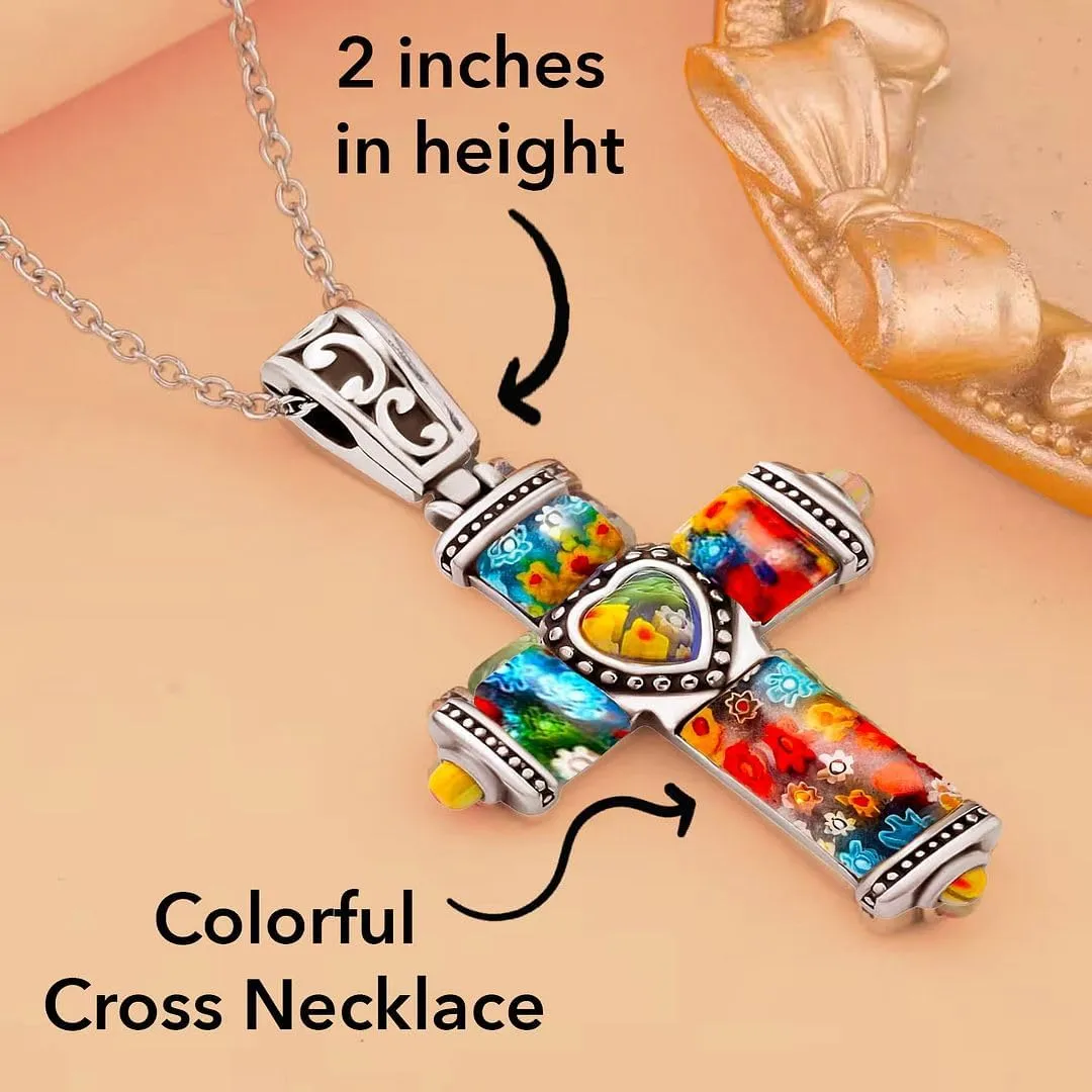 Stainless Steel Glass Murano Style Multi Color Beaded Cross Choker Pendant Necklace Delicate size 20" Catholic Faith Christian Religious Birthday Jewelry Birthday Gifts for Women