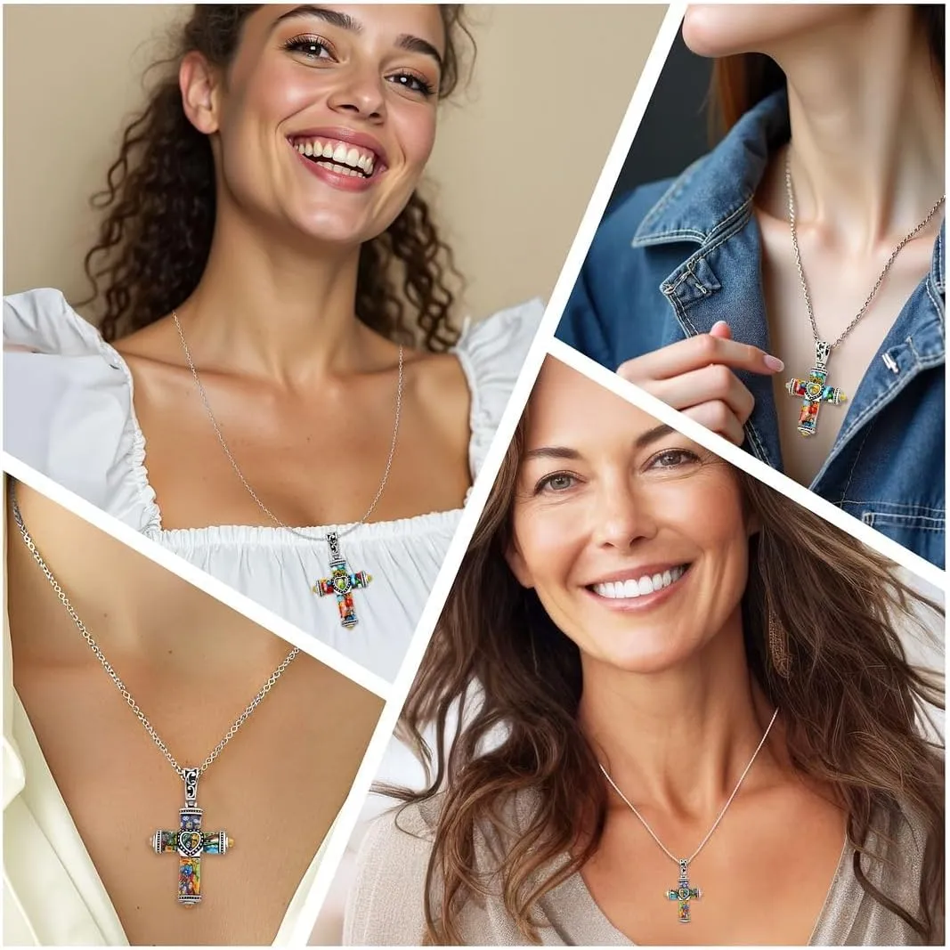 Stainless Steel Glass Murano Style Multi Color Beaded Cross Choker Pendant Necklace Delicate size 20" Catholic Faith Christian Religious Birthday Jewelry Birthday Gifts for Women