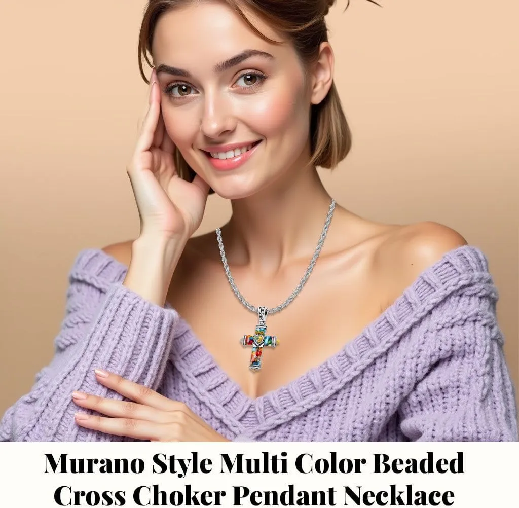 Stainless Steel Glass Murano Style Multi Color Beaded Cross Choker Pendant Necklace Delicate size 20" Catholic Faith Christian Religious Birthday Jewelry Birthday Gifts for Women