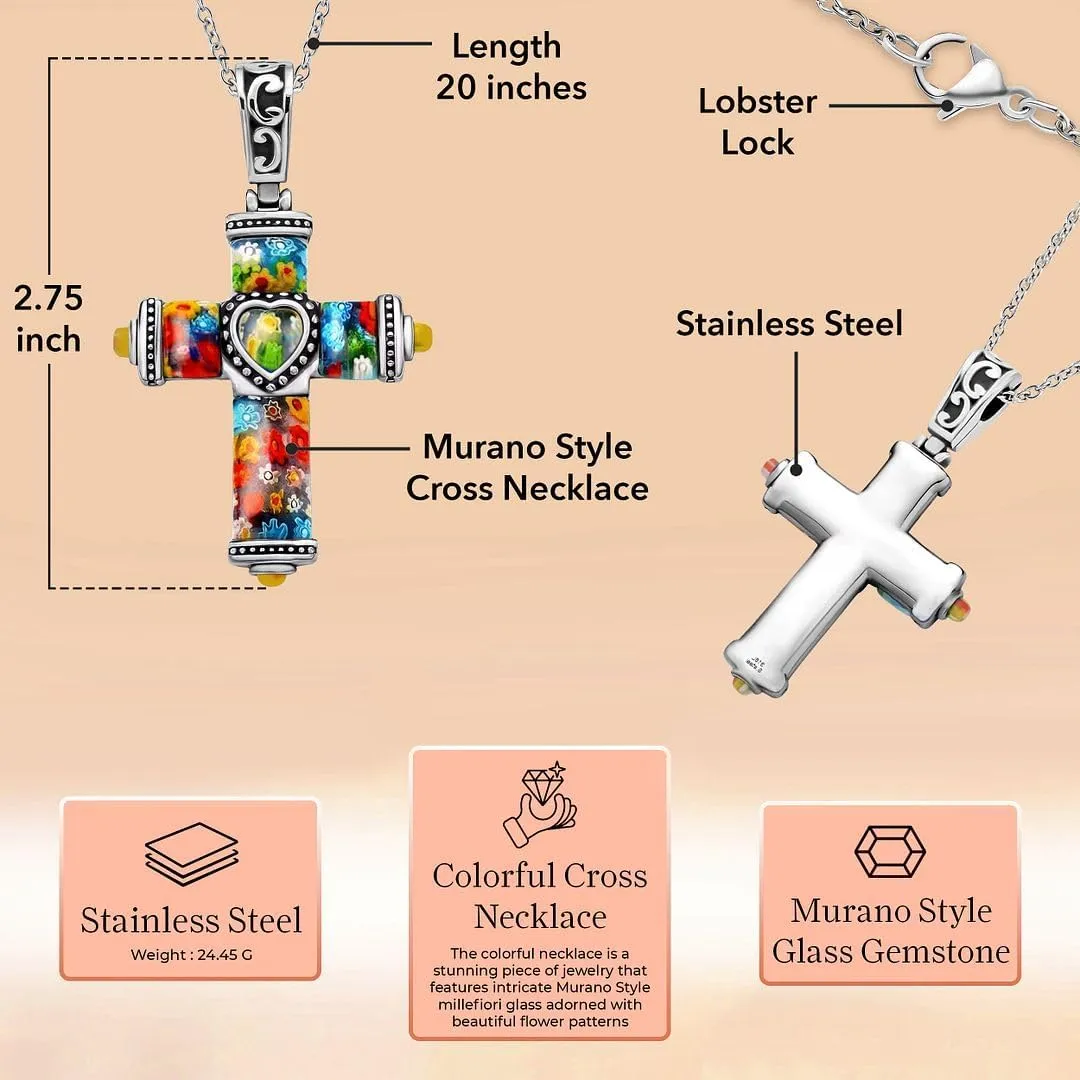 Stainless Steel Glass Murano Style Multi Color Beaded Cross Choker Pendant Necklace Delicate size 20" Catholic Faith Christian Religious Birthday Jewelry Birthday Gifts for Women