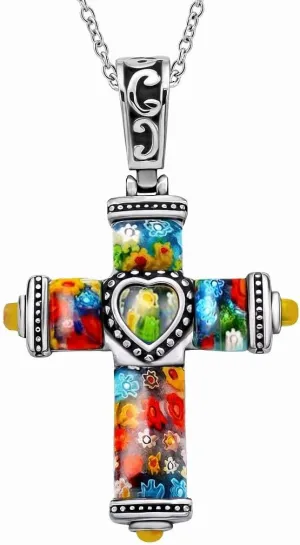 Stainless Steel Glass Murano Style Multi Color Beaded Cross Choker Pendant Necklace Delicate size 20" Catholic Faith Christian Religious Birthday Jewelry Birthday Gifts for Women