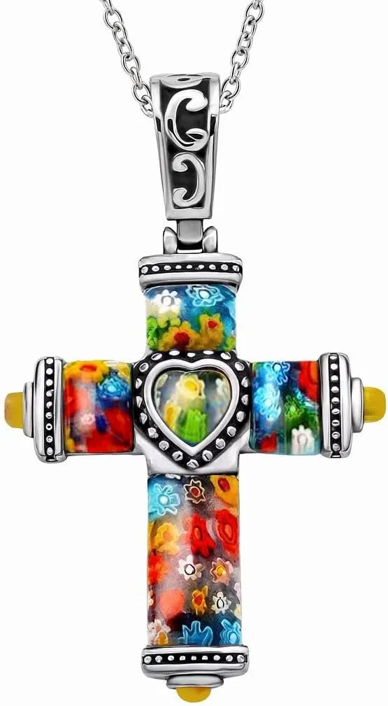 Stainless Steel Glass Murano Style Multi Color Beaded Cross Choker Pendant Necklace Delicate size 20" Catholic Faith Christian Religious Birthday Jewelry Birthday Gifts for Women