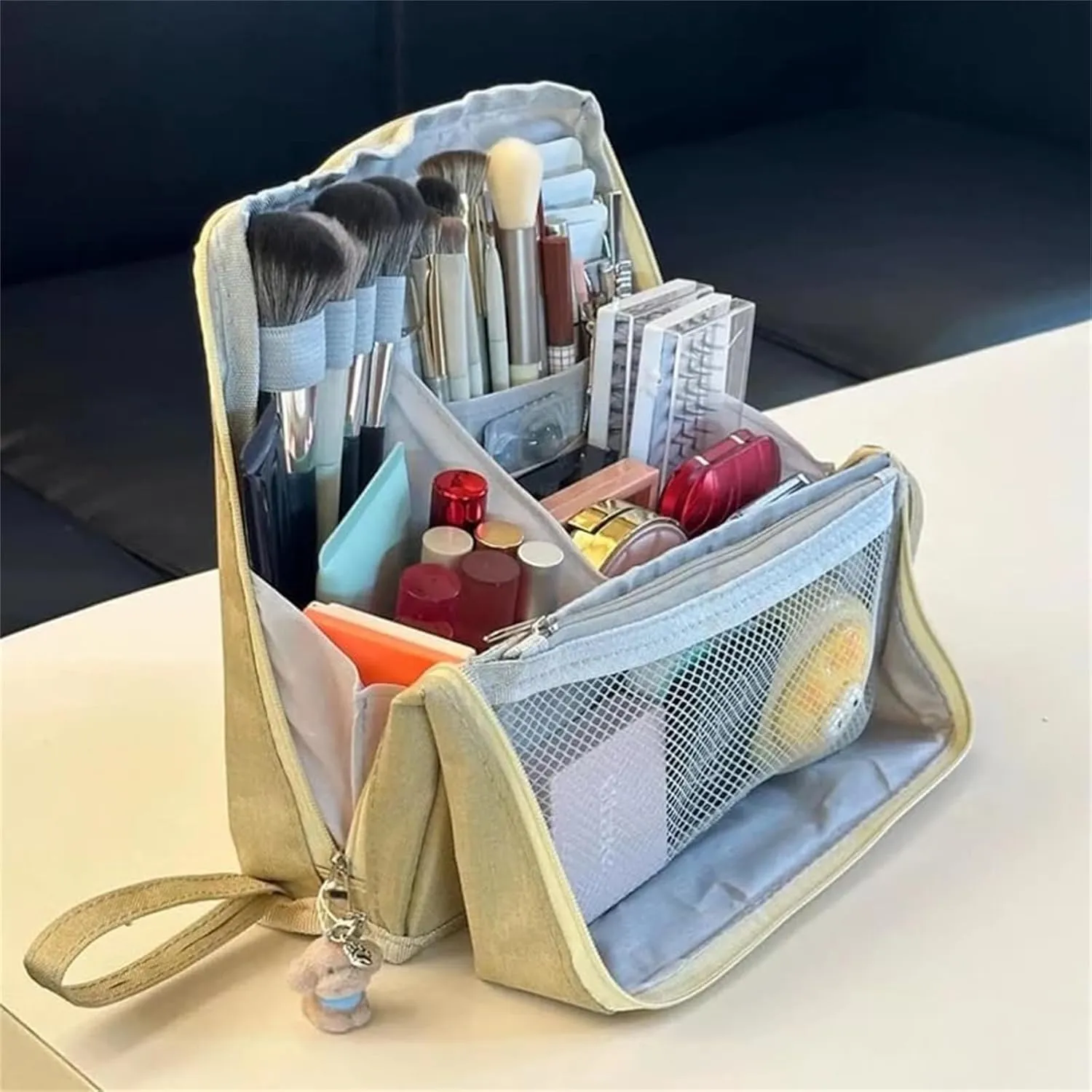 Standing Makeup Bag, Portable, Large Capacity, Doresty Stand up Makeup Bag, Vertical Large Opening Waterproof Multifunctional Make up Bags with Compartments, Travel-Friendly (Beige)