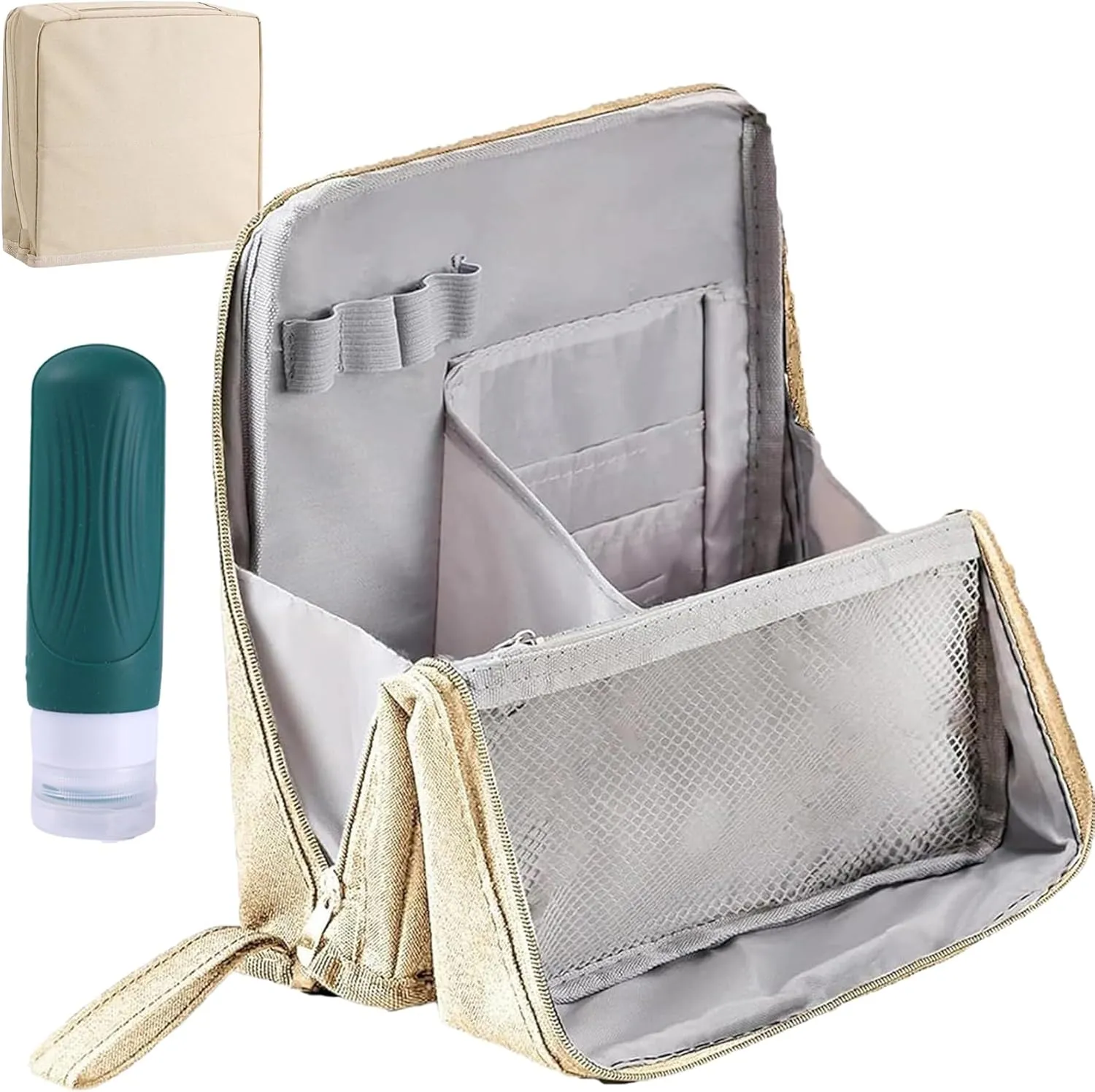 Standing Makeup Bag, Portable, Large Capacity, Doresty Stand up Makeup Bag, Vertical Large Opening Waterproof Multifunctional Make up Bags with Compartments, Travel-Friendly (Beige)