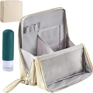 Standing Makeup Bag, Portable, Large Capacity, Doresty Stand up Makeup Bag, Vertical Large Opening Waterproof Multifunctional Make up Bags with Compartments, Travel-Friendly (Beige)