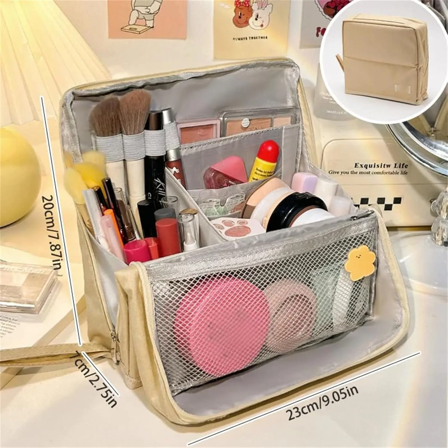 Standing Makeup Bag, Portable, Large Capacity, Doresty Stand up Makeup Bag, Vertical Large Opening Waterproof Multifunctional Make up Bags with Compartments, Travel-Friendly (Beige)