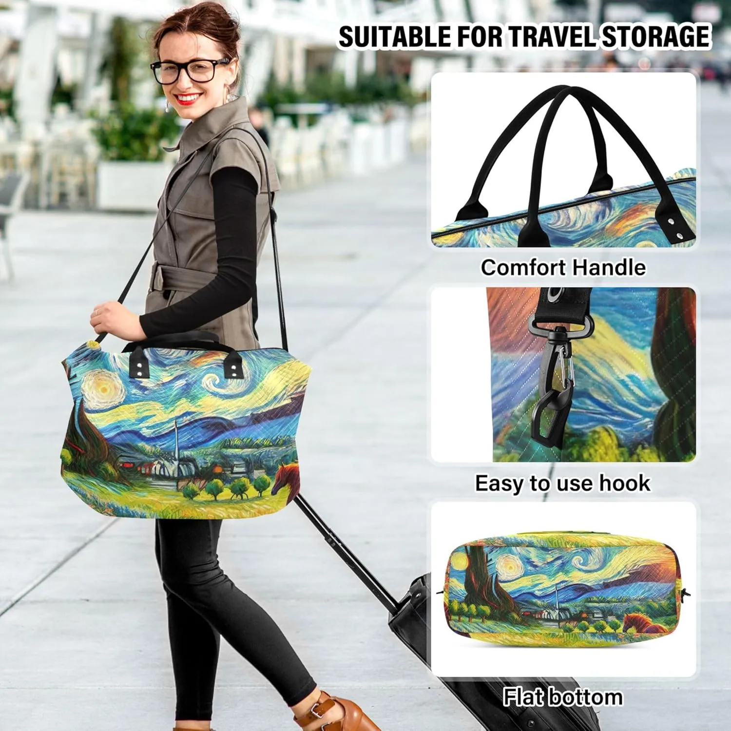 Starry Night Floral Duffle Bags Travel Toiletry Pouches Set of 2, Print Women Luggage Bags Carry on Bags for Airplanes