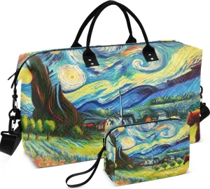 Starry Night Floral Duffle Bags Travel Toiletry Pouches Set of 2, Print Women Luggage Bags Carry on Bags for Airplanes
