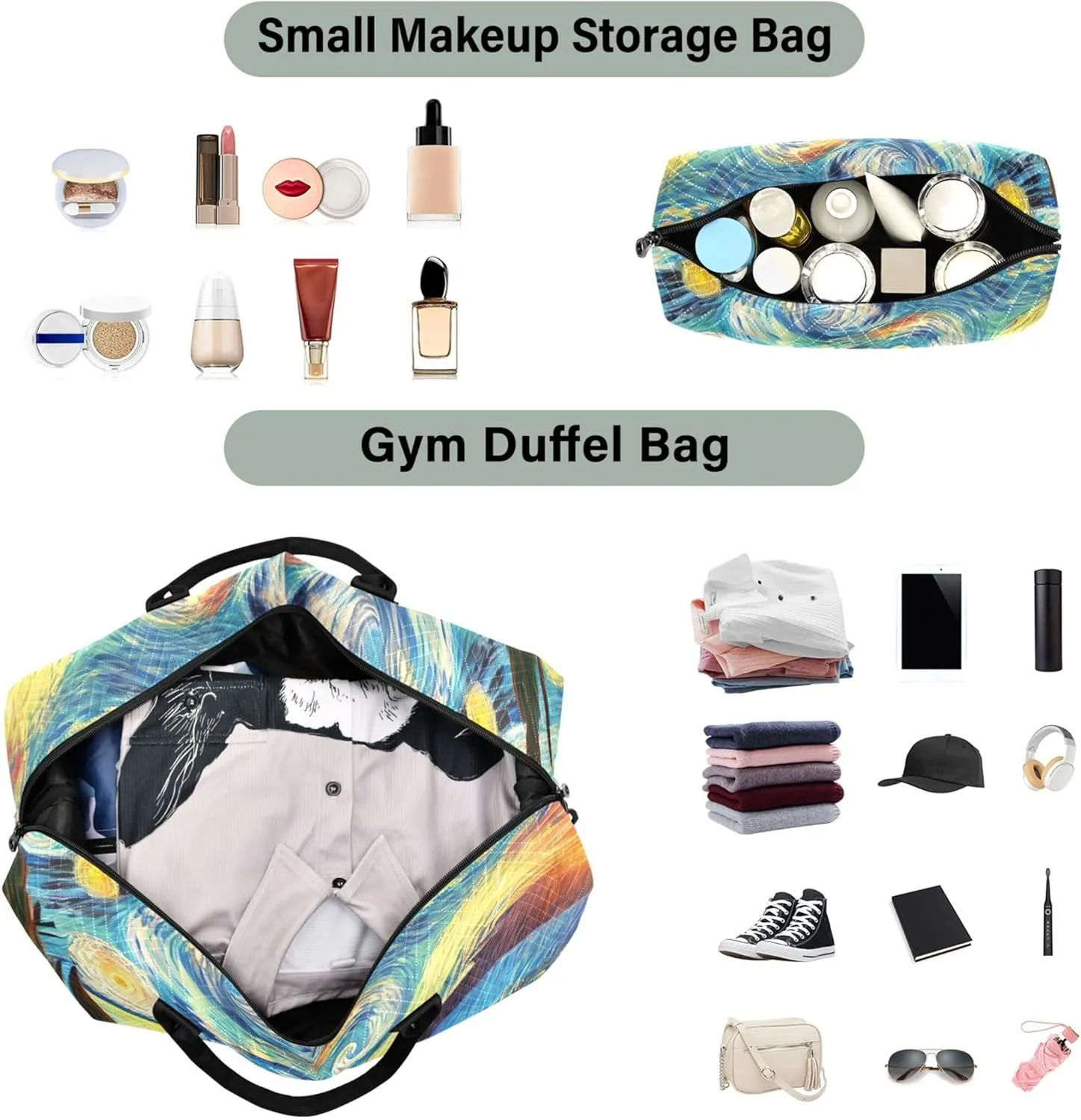 Starry Night Floral Duffle Bags Travel Toiletry Pouches Set of 2, Print Women Luggage Bags Carry on Bags for Airplanes