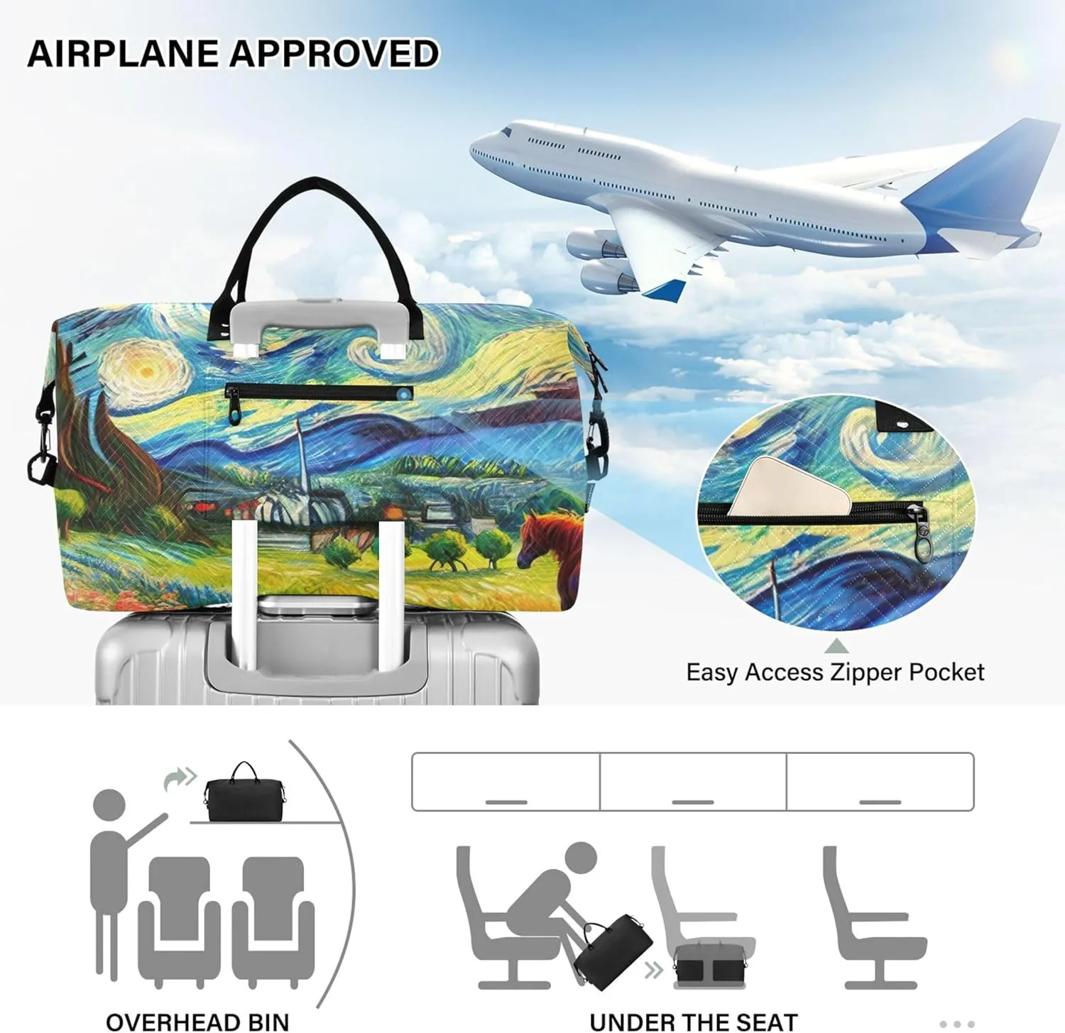 Starry Night Floral Duffle Bags Travel Toiletry Pouches Set of 2, Print Women Luggage Bags Carry on Bags for Airplanes