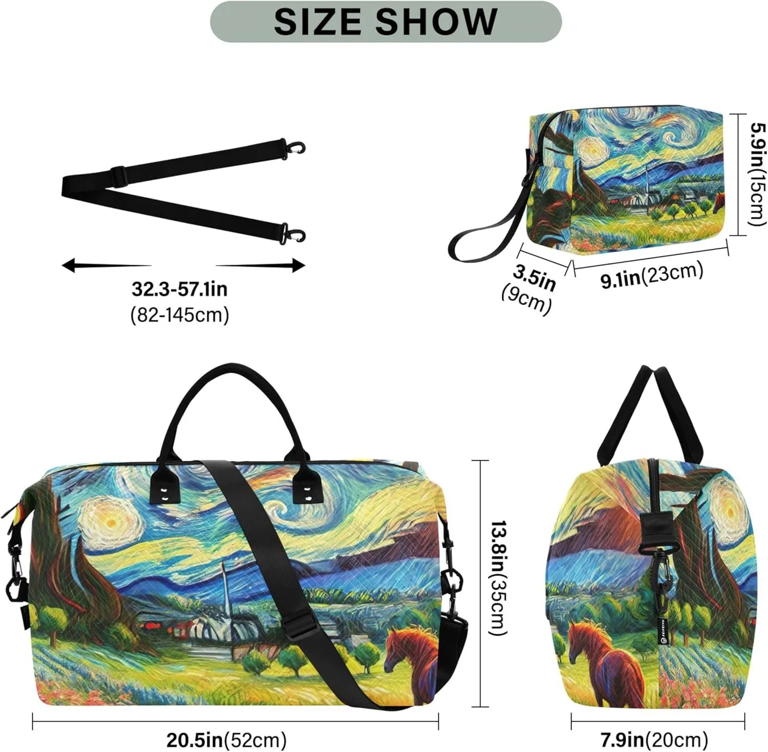 Starry Night Floral Duffle Bags Travel Toiletry Pouches Set of 2, Print Women Luggage Bags Carry on Bags for Airplanes