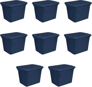 Sterilite 18 Gal Storage Tote, Stackable Bin with Lid, Plastic Container to Organize Clothes in Closet, Basement, Blue Base and Lid, 8-Pack