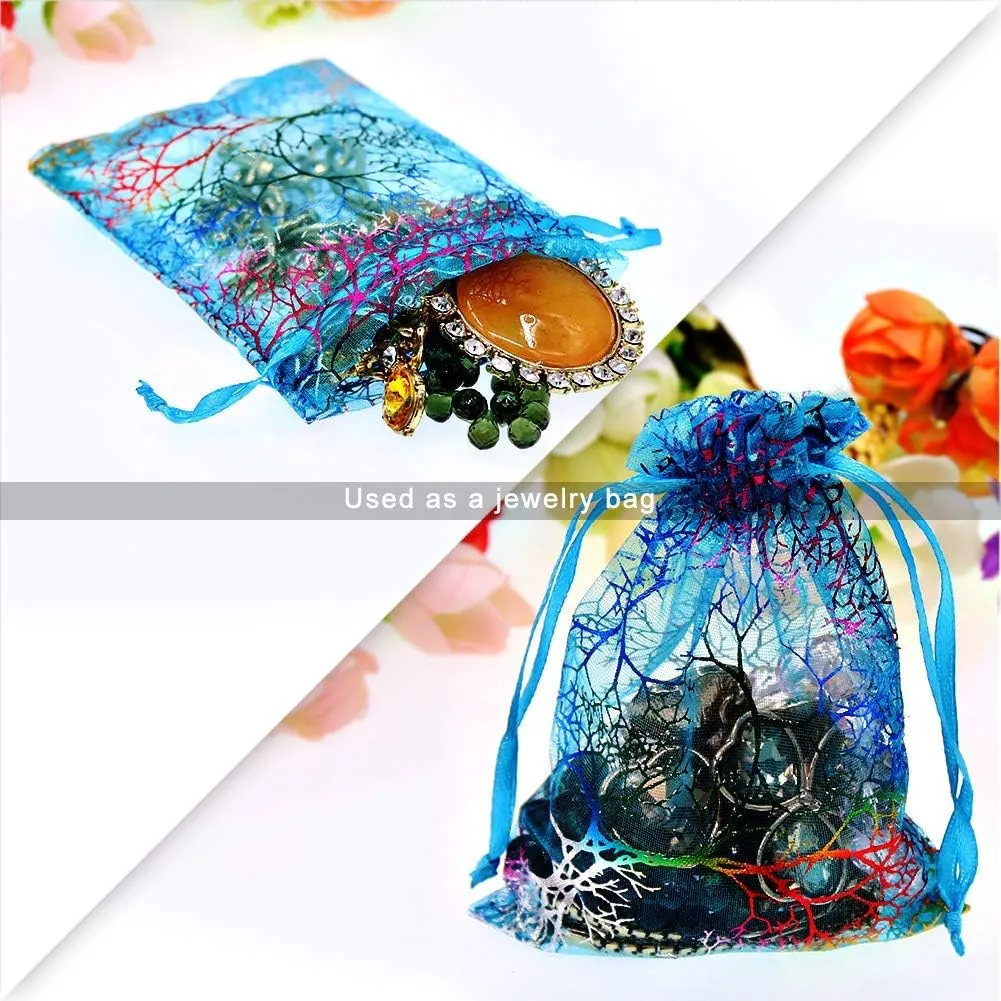 SumDirect 100Pcs 5x7 Inch Blue Coralline Drawstring Organza Bags, Jewelry Favor Pouches for Gift Wedding Party Festival
