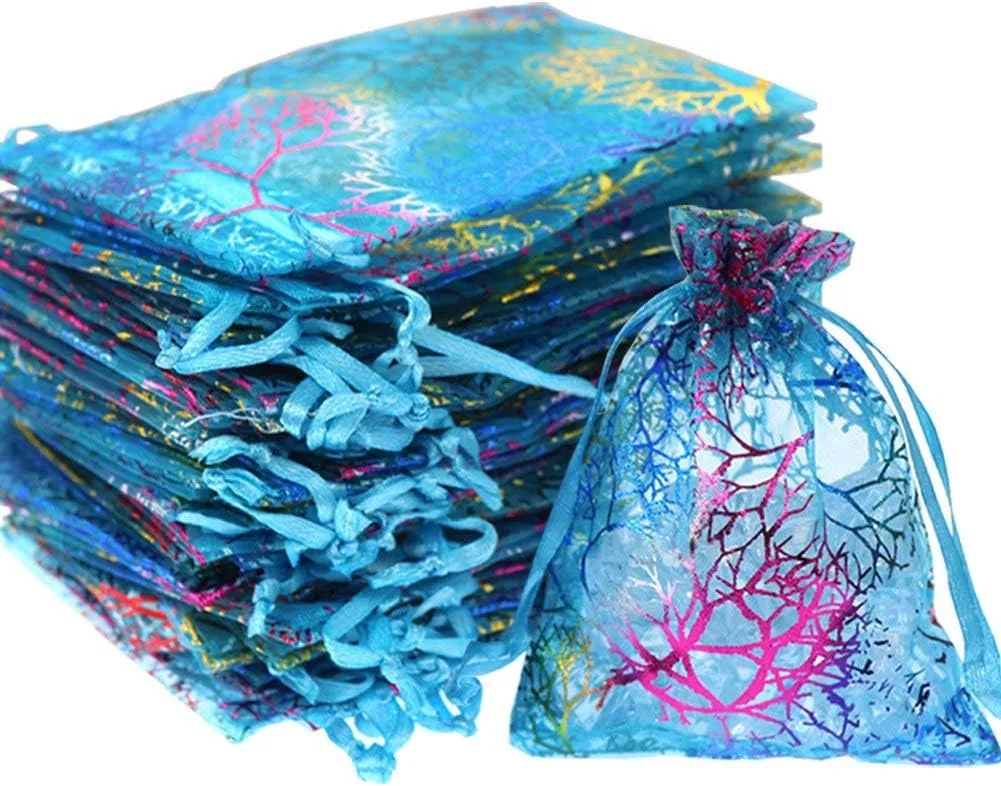 SumDirect 100Pcs 5x7 Inch Blue Coralline Drawstring Organza Bags, Jewelry Favor Pouches for Gift Wedding Party Festival