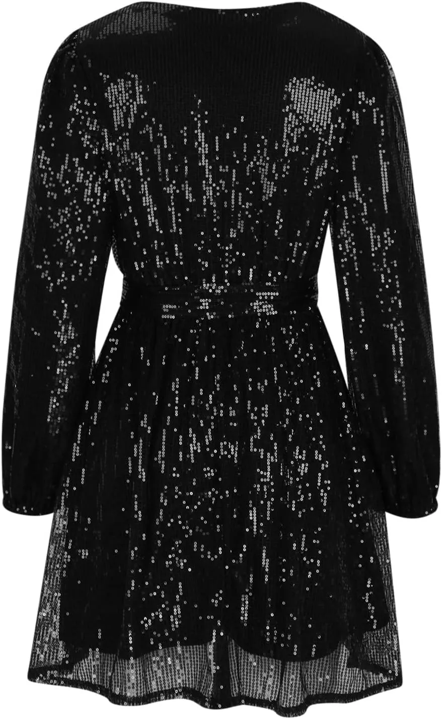 Summer Dress for Women Fashionable Solid Color Sequined Lantern V Neck Belt Sequined Dress Long Sleeve Dress