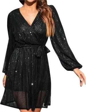 Summer Dress for Women Fashionable Solid Color Sequined Lantern V Neck Belt Sequined Dress Long Sleeve Dress