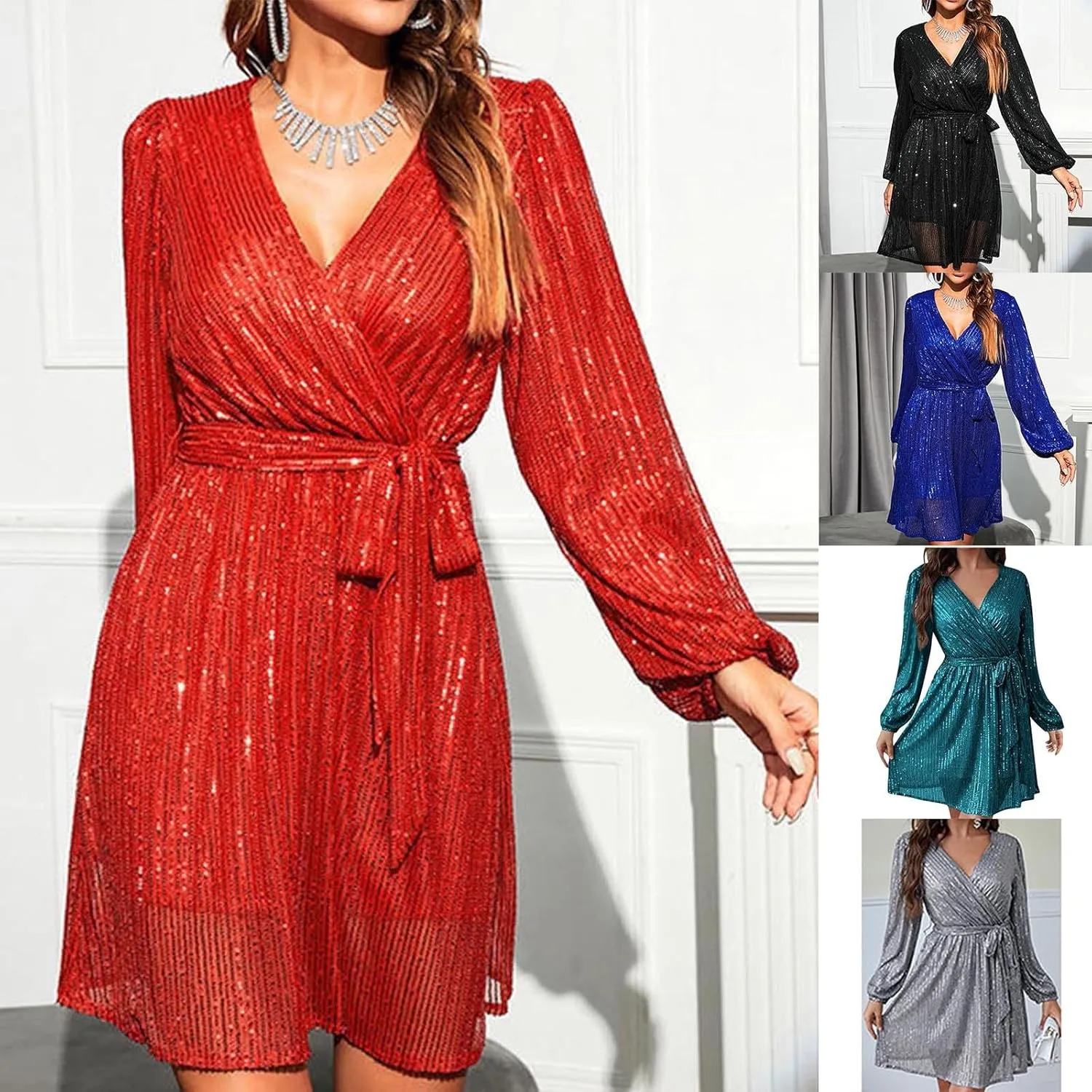 Summer Dress for Women Fashionable Solid Color Sequined Lantern V Neck Belt Sequined Dress Long Sleeve Dress