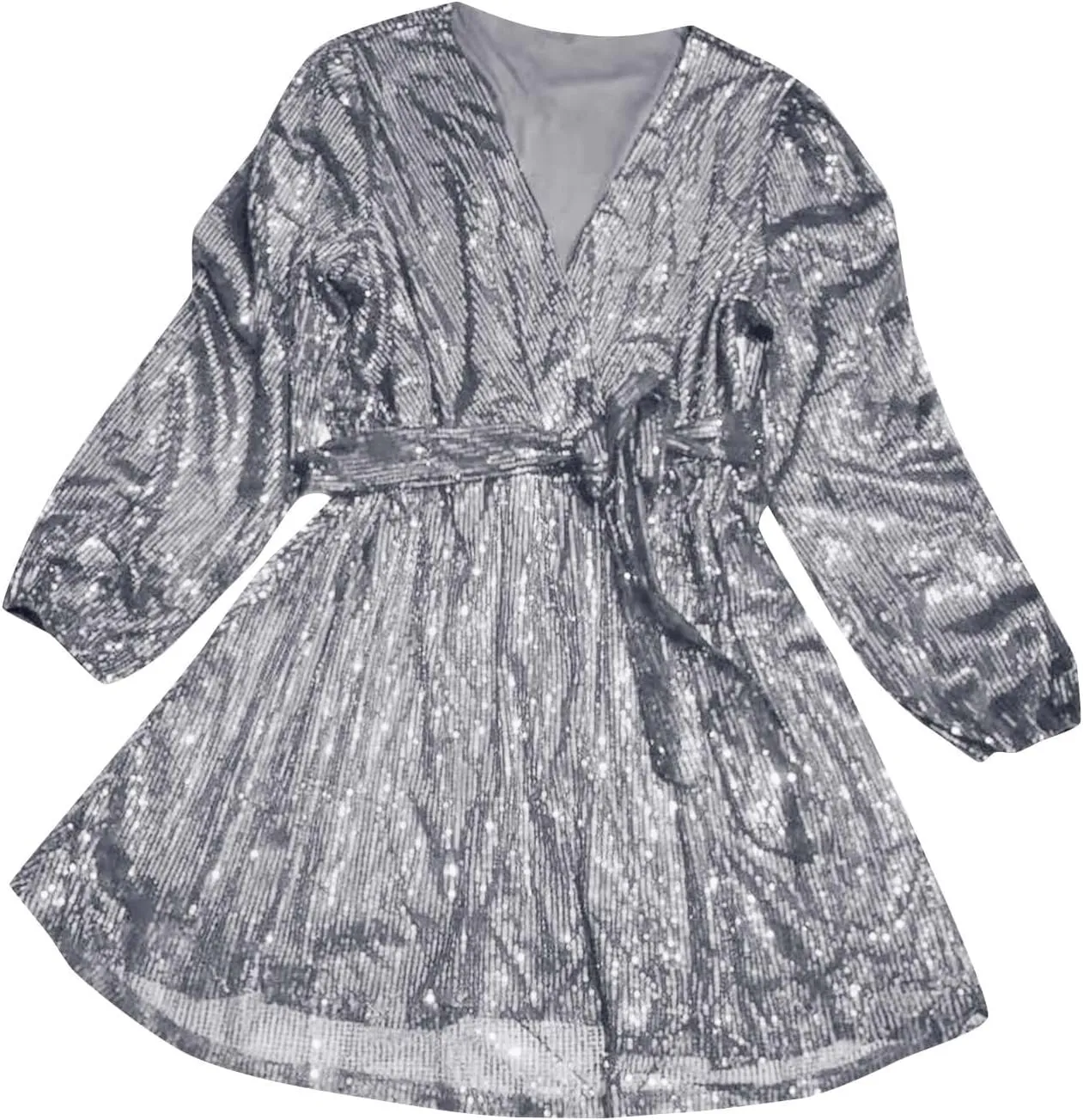 Summer Dress for Women Fashionable Solid Color Sequined Lantern V Neck Belt Sequined Dress Long Sleeve Dress