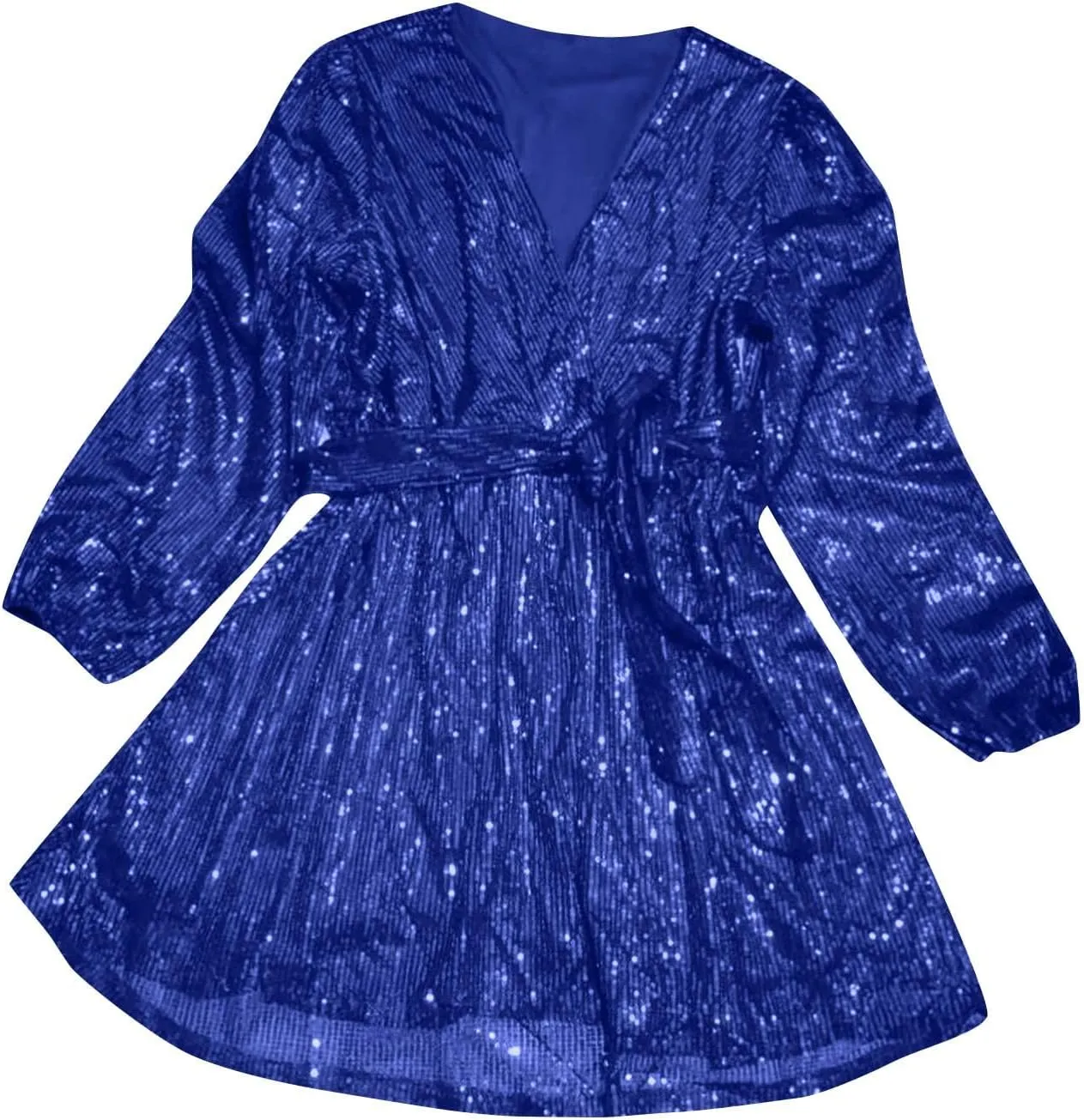 Summer Dress for Women Fashionable Solid Color Sequined Lantern V Neck Belt Sequined Dress Long Sleeve Dress