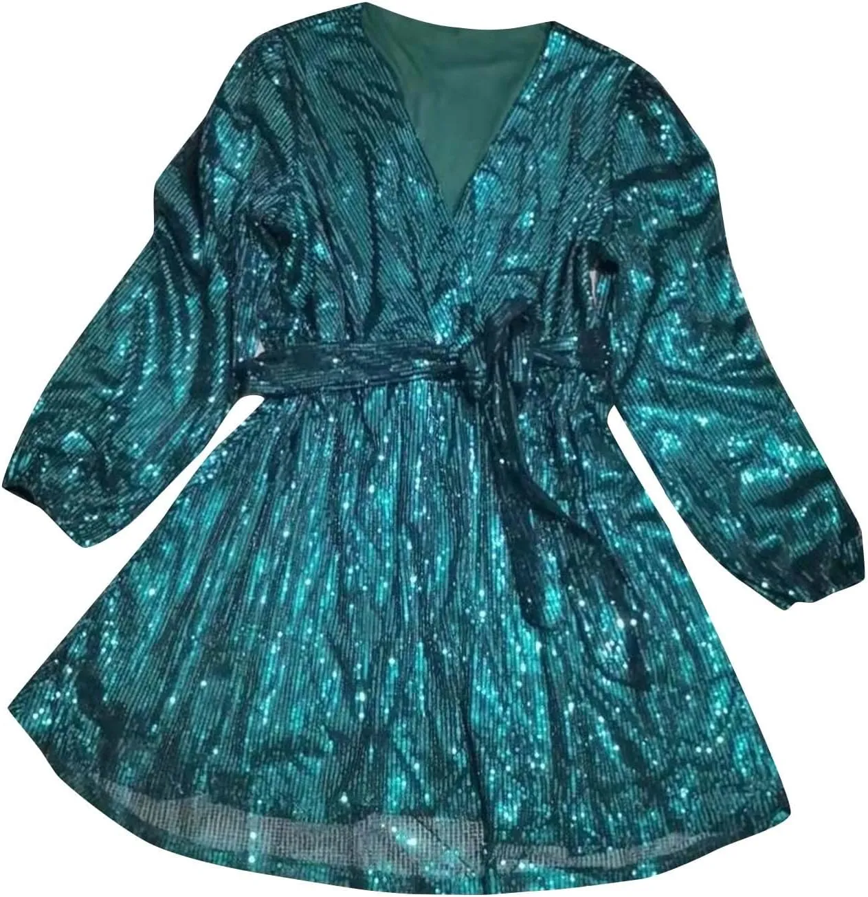 Summer Dress for Women Fashionable Solid Color Sequined Lantern V Neck Belt Sequined Dress Long Sleeve Dress