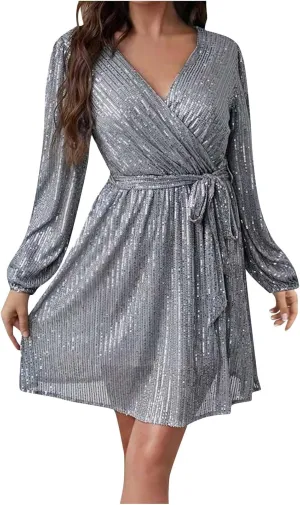 Summer Dress for Women Fashionable Solid Color Sequined Lantern V Neck Belt Sequined Dress Long Sleeve Dress