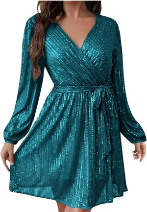 Summer Dress for Women Fashionable Solid Color Sequined Lantern V Neck Belt Sequined Dress Long Sleeve Dress