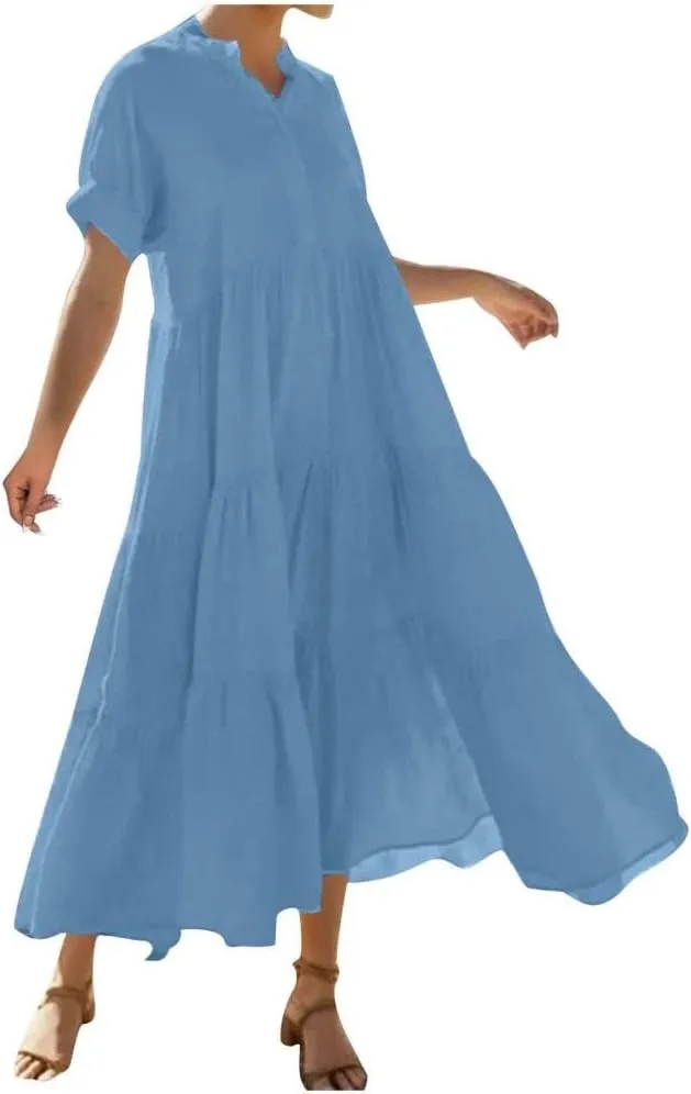 Summer Pleated Ruffle Hem Dresses for Womens Short Sleeve V Neck Dress A Line Midi Skirt Beach Cocktail Party Wear