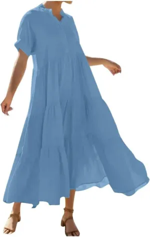Summer Pleated Ruffle Hem Dresses for Womens Short Sleeve V Neck Dress A Line Midi Skirt Beach Cocktail Party Wear