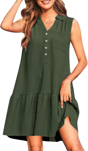 Sundresses for Women 2025 Loose Fit V-Neck Fashion Button Dress Summer Casual Sleeveless Solid Beach Dresses