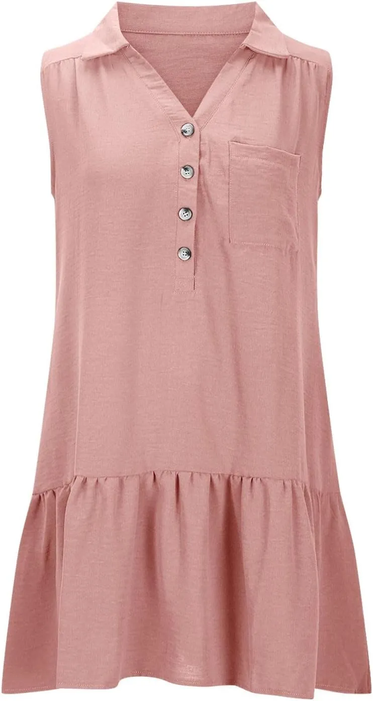 Sundresses for Women 2025 Loose Fit V-Neck Fashion Button Dress Summer Casual Sleeveless Solid Beach Dresses