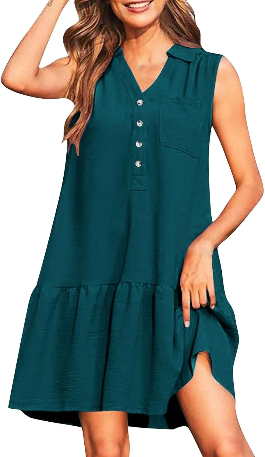 Sundresses for Women 2025 Loose Fit V-Neck Fashion Button Dress Summer Casual Sleeveless Solid Beach Dresses